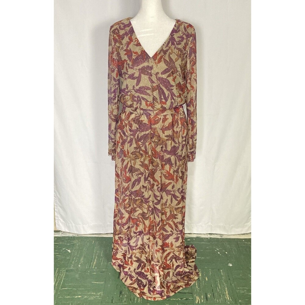 Anne Klein Printed Pleated Maxi Dress In Vicuna Multi Belted Stretch Sz 12 NWT